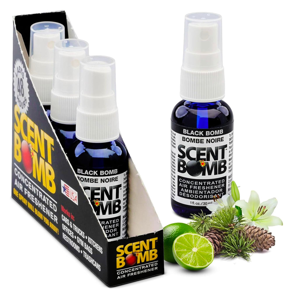 Scent Bomb air freshener spray bottle neutralizes odors and refreshes rooms quickly.