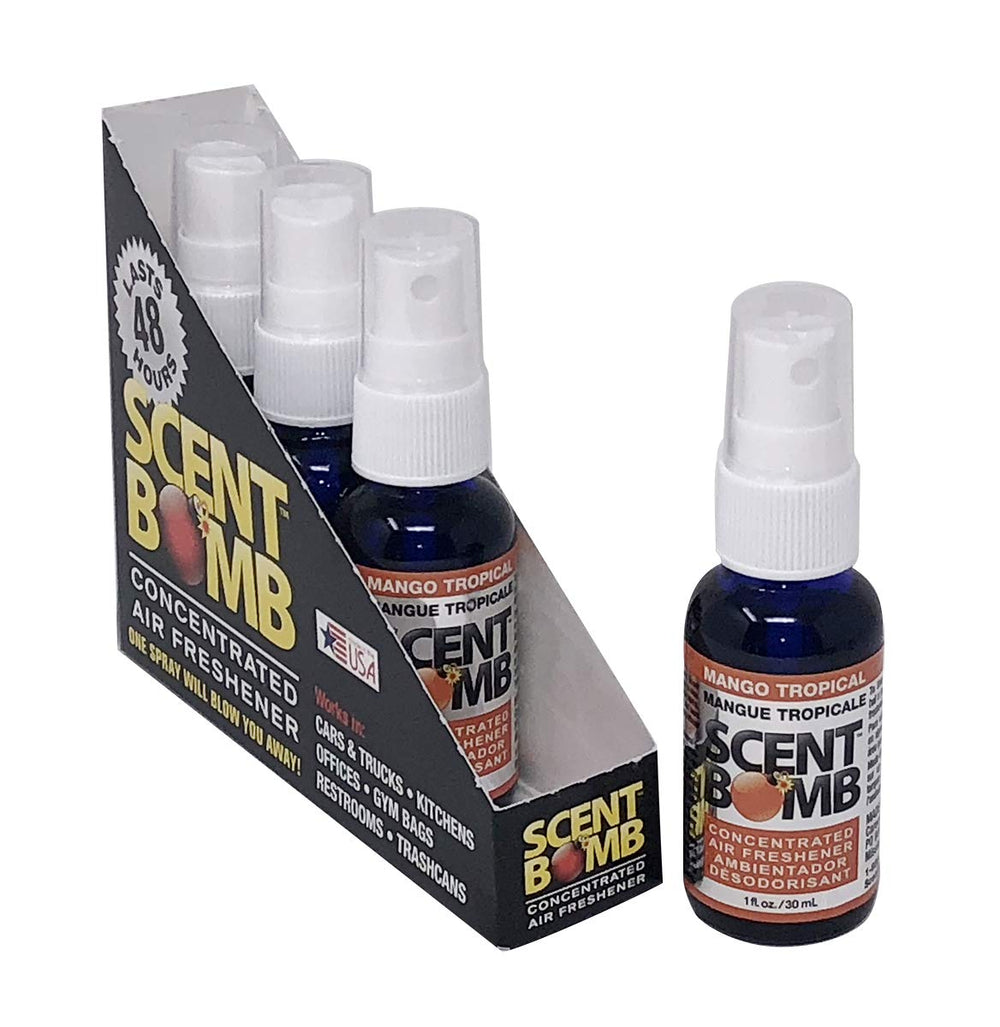 Scent Bomb Mango Tropical spray bottle front for instant room refresh.
