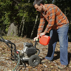 Durable red body designed for outdoor use and rough yard tasks.