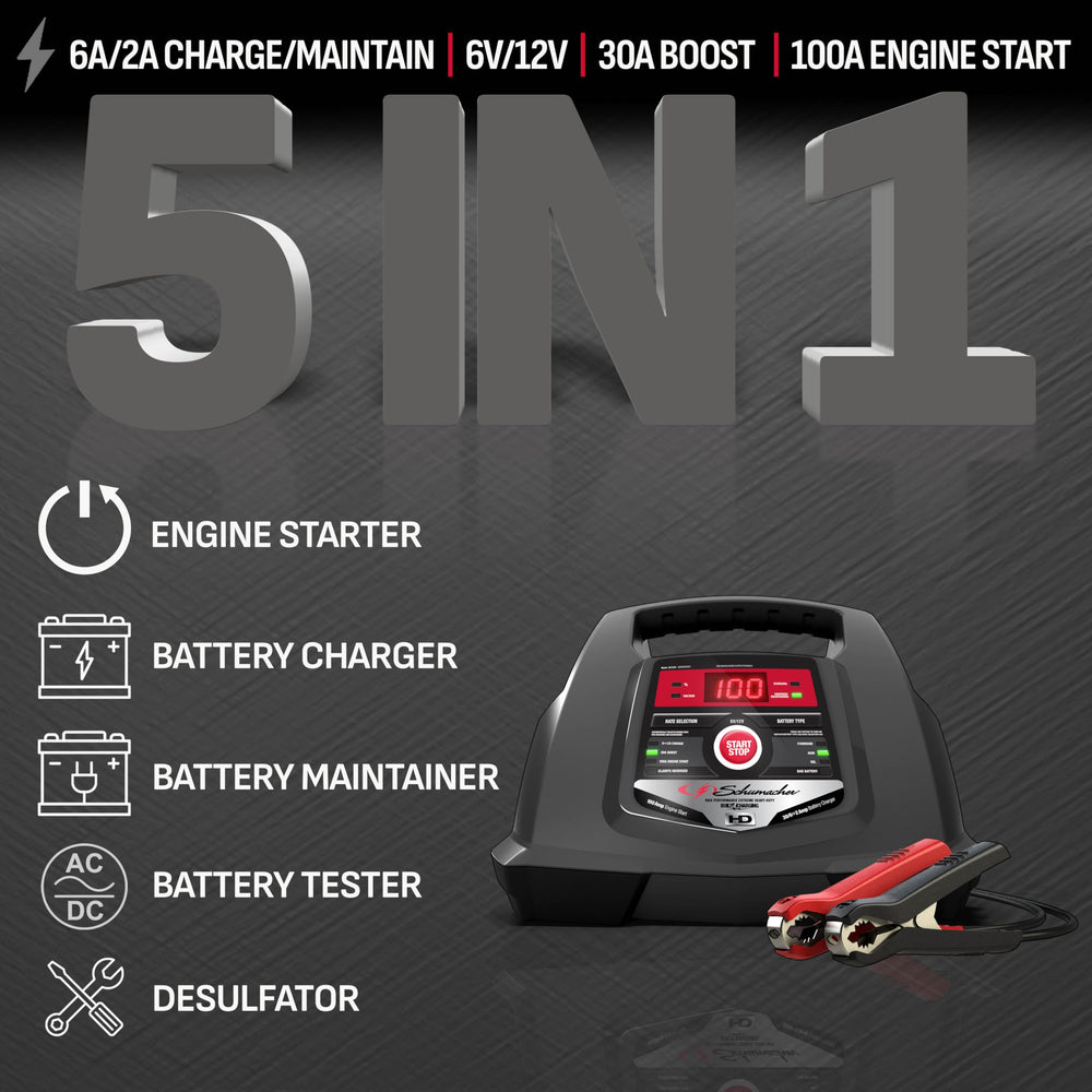 Schumacher Electric SC1281 boost charging shows 30A to 12A range for faster top-ups.