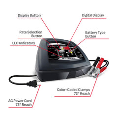 Built-in battery and alternator tester for quick health checks.