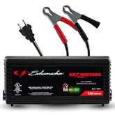 Schumacher SC1355 battery charger setup with quick-connect clamps for easy garage use.