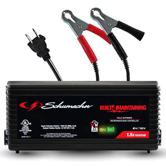Schumacher SC1355 battery charger setup with quick-connect clamps for easy garage use.