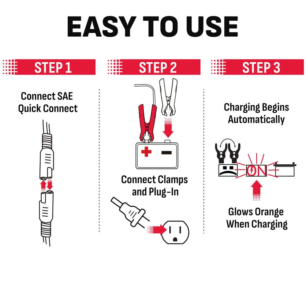 Schumacher SC1355 quick-connect clamps and ring connectors included.