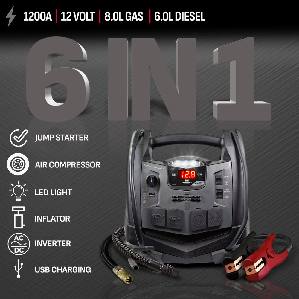 Schumacher SJ1332 power station with 200W inverter for portable electricity.