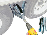 Schumaho Camper Wheel Chock showing fast 3‑second drill installation for RV stability