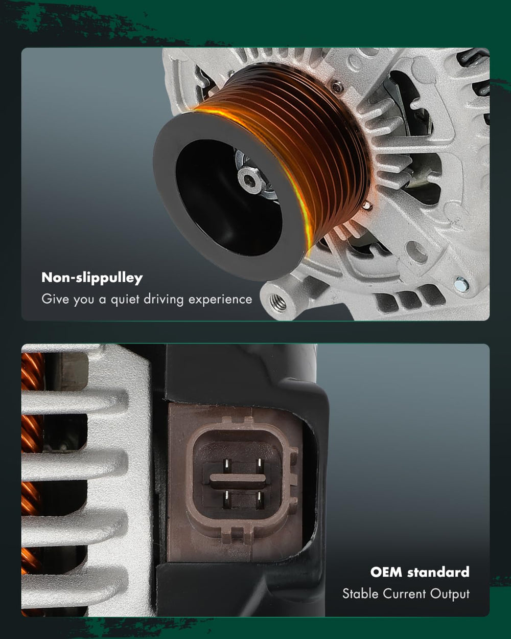 Internal regulator and fan visible on SCITOO alternator for steady power and cooling.