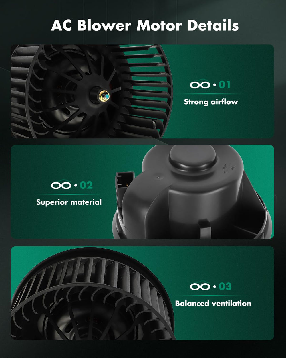 SCITOO front-view blower motor shows dual-terminal 12V design