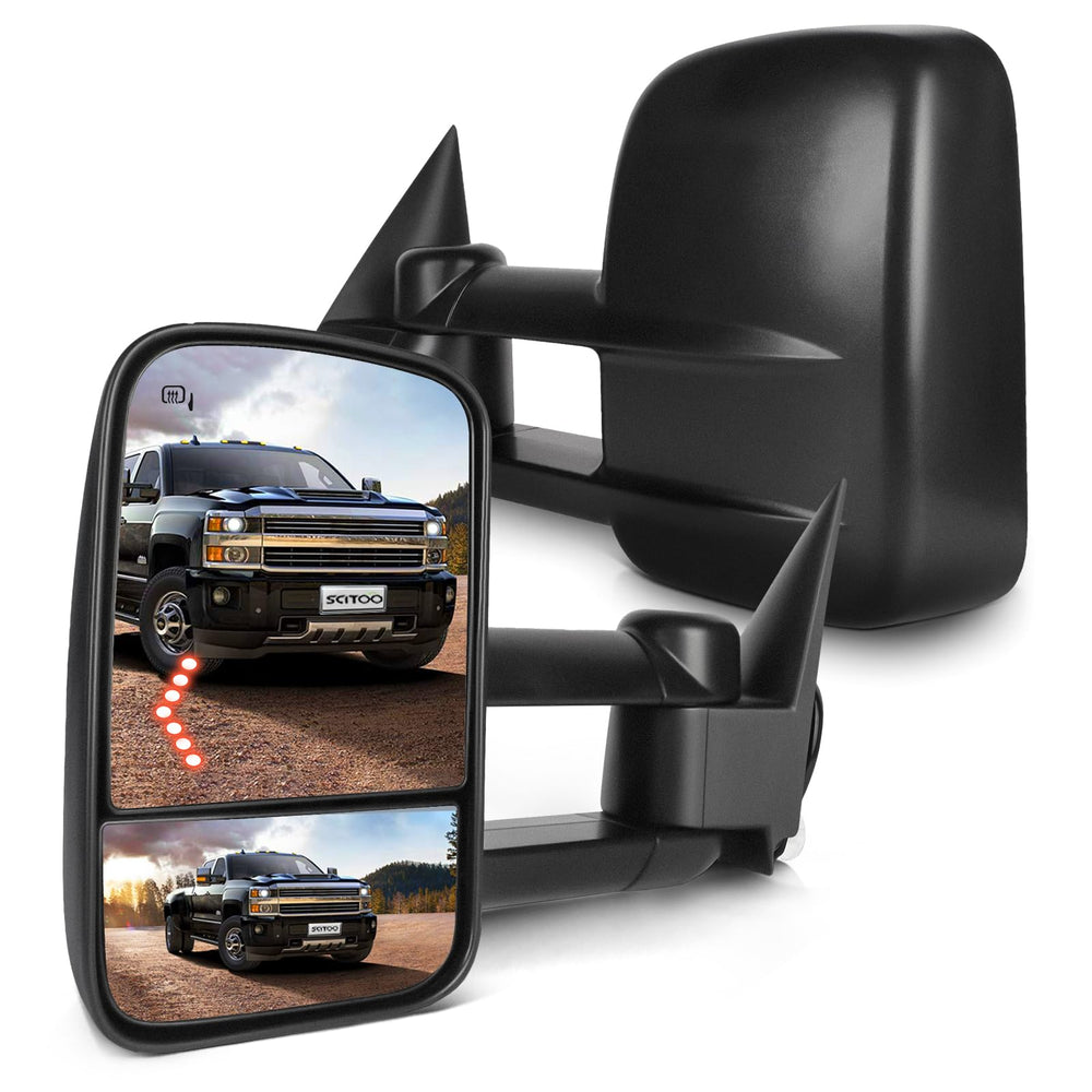 SCITOO towing mirrors installed on Chevy/GMC pickup for wider rear visibility.