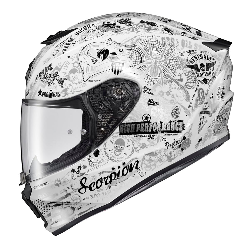 ScorpionEXO O-R330 full-face helmet in white with an aerodynamic shell for smooth rides.