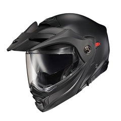 Modular chin bar on ScorpionEXO AT960 enables quick one‑hand adjustment.