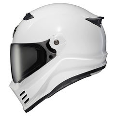ScorpionEXO Covert FX front view in gloss white; aerodynamic silhouette for smooth rides.