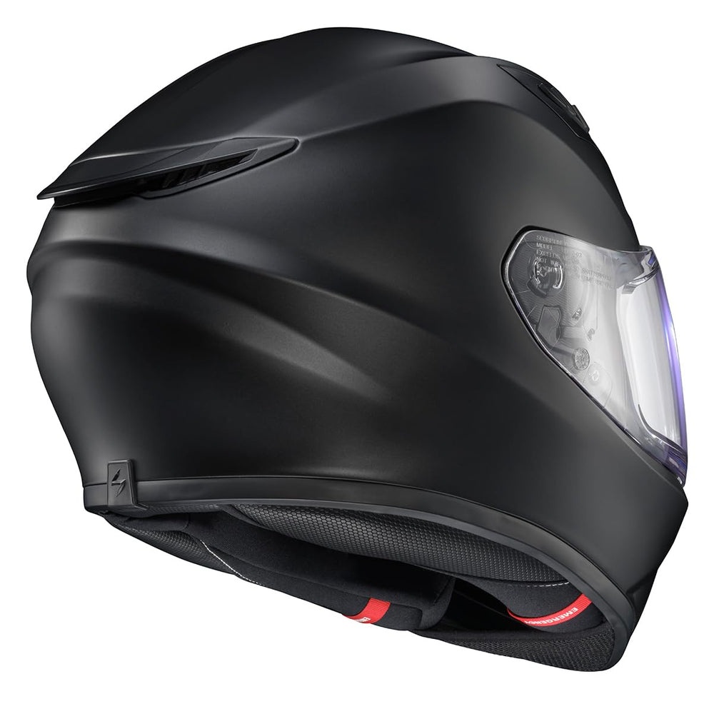 ScorpionEXO EXO-R430 emergency-release cheek pads support quick EMS access.