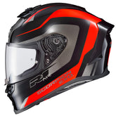 ScorpionEXO R1 Air front view in red/black, optimized for smooth airflow and reduced drag.