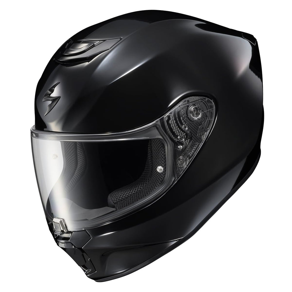 ScorpionEXO R330 solid black side view showing speaker pockets for Bluetooth use.