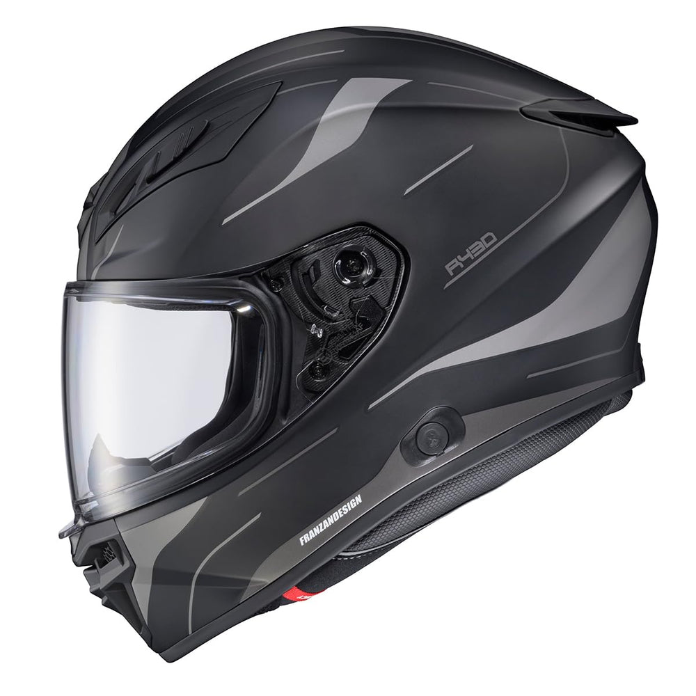 ScorpionEXO R430 front view highlighting wide eye port and aero design.