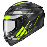 ScorpionEXO R430 hi-viz helmet on motorcycle improves rider visibility at night.