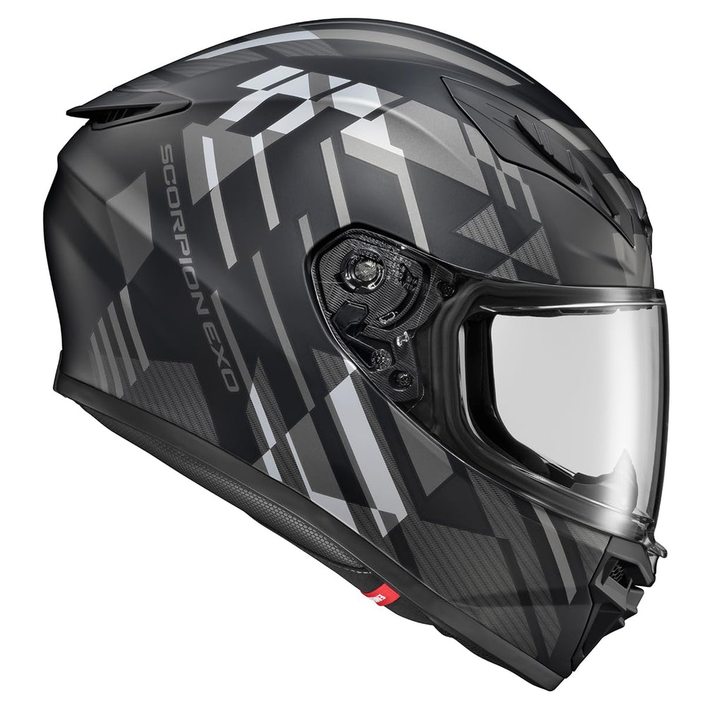 Shield close-up on ScorpionEXO R430 with Class 1 clarity and anti-fog coating.