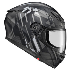 Shield close-up on ScorpionEXO R430 with Class 1 clarity and anti-fog coating.