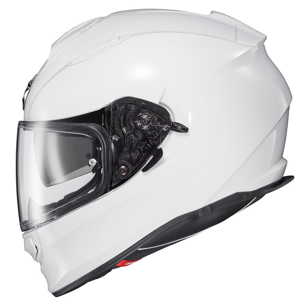 ScorpionEXO Ryzer gloss white full-face helmet front view showing a sleek, lightweight shell for daily riding.