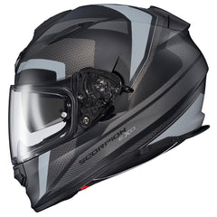 ScorpionEXO Ryzer helmet shield close-up with Everclear anti-fog tech and UV protection.