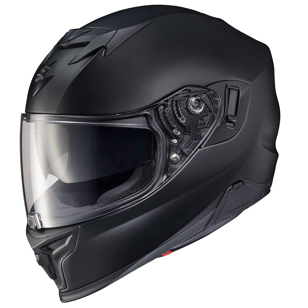 ScorpionEXO T520 full-face helmet, matte black, front view showing aerodynamic profile and touring readiness