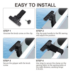 scottchen PRO awning clamps strap-secure usage shows fabric being held at proper distance.