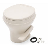 SEAFLO bone parchment RV toilet front view showing compact profile for campers