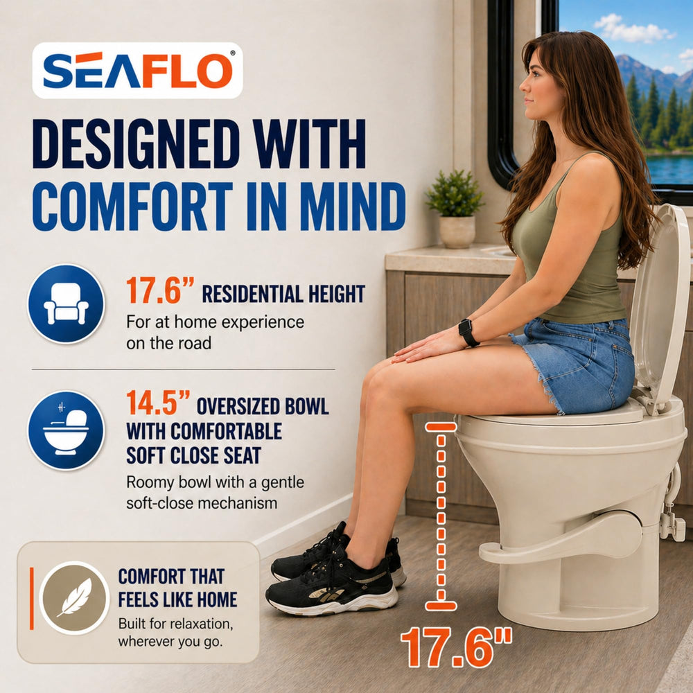SEAFLO soft-close seat and lid on RV toilet for quiet travel