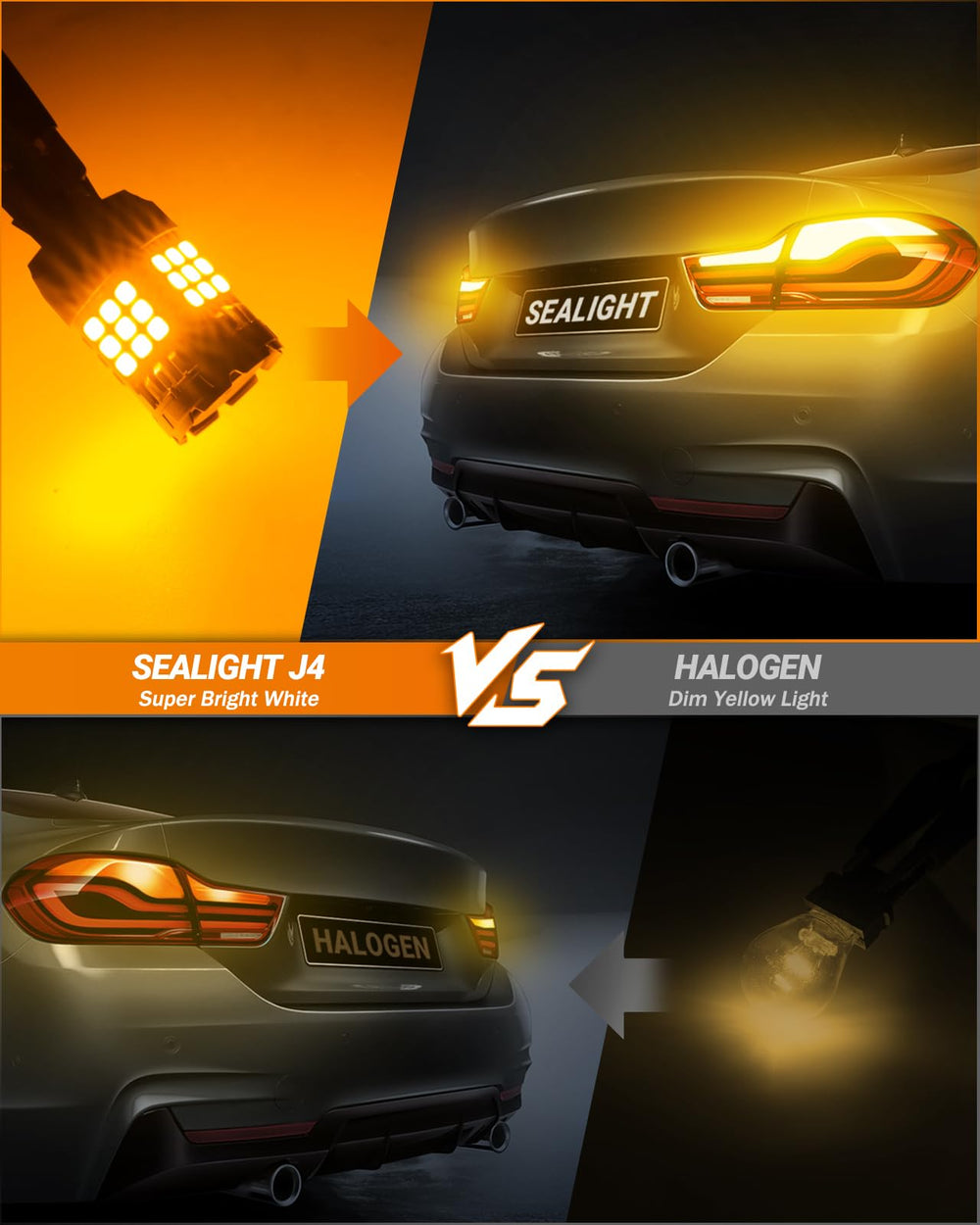 SEALIGHT 3157A amber bulb rear view demonstrates CANBUS compatibility.