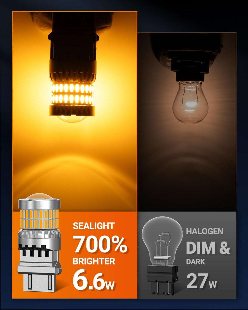 SEALIGHT amber LED 3157 bulb delivers high brightness for daytime visibility.