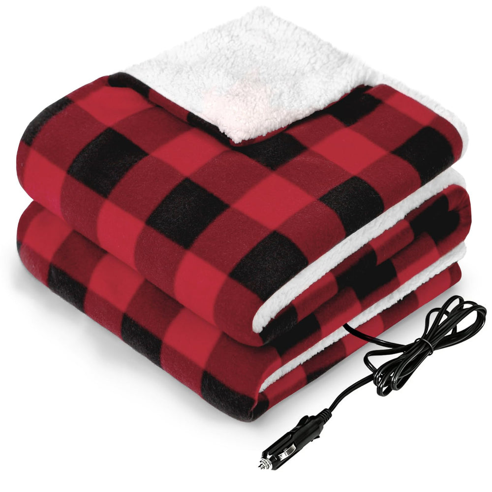 Sealy plaid 12-volt blanket in car for winter warmth