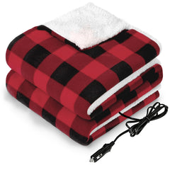 Sealy plaid 12-volt blanket in car for winter warmth