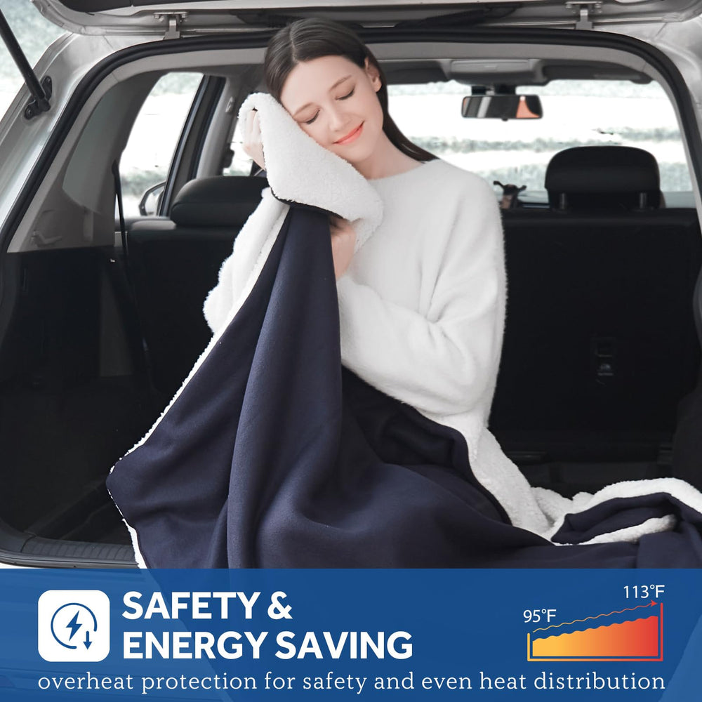 Sealy 12V heated car blanket navy color provides cozy comfort on trips
