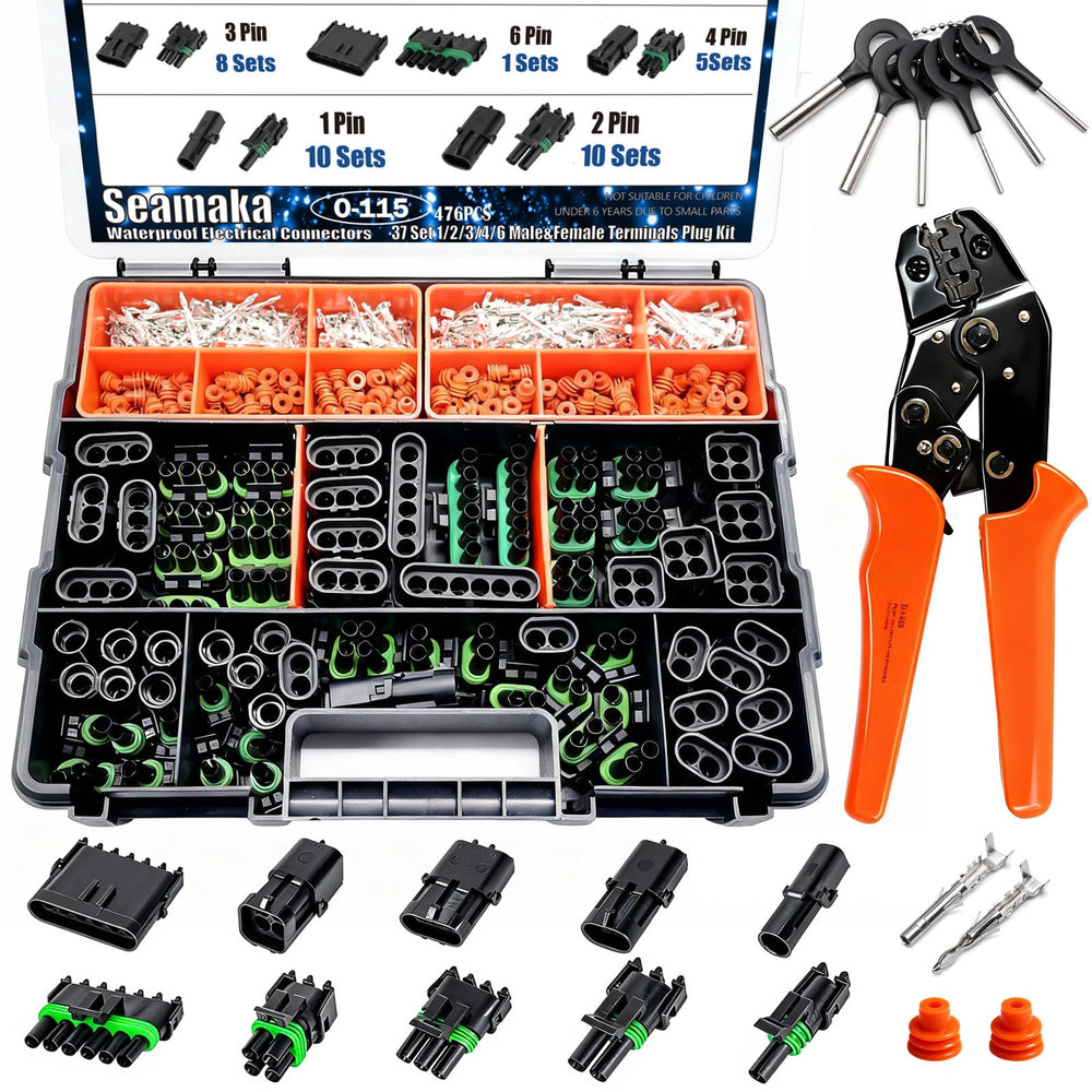 Seamaka 476pcs 37 kits waterproof connector set for versatile automotive wiring projects.