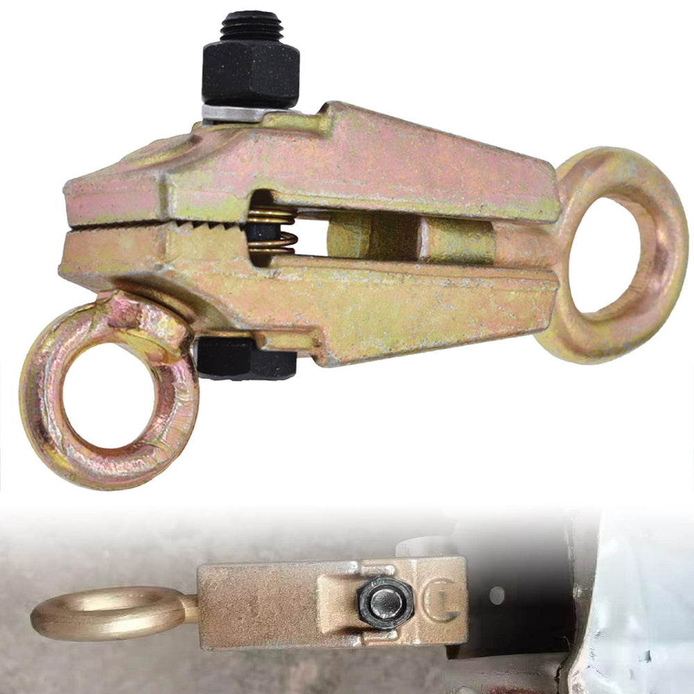 SEBLAFF auto body pull clamp in use repairing a dent with controlled tension.