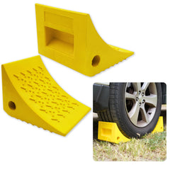 SecurityMan heavy-duty wheel chocks 2-pack yellow secure trailers on slopes.