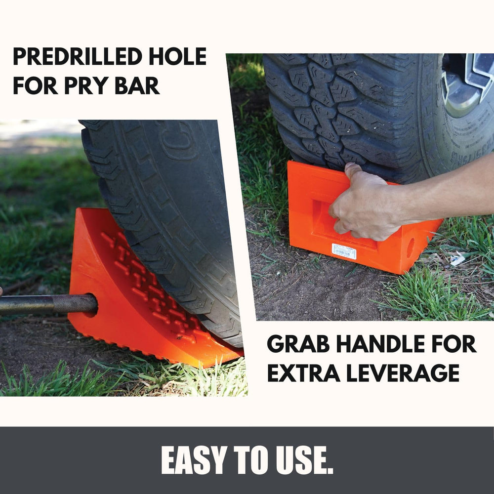 SECURITYMAN orange wheel chocks visible in RV storage for quick deployment.