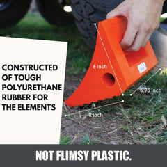 SECURITYMAN wheel chocks orange close-up, heavy-duty polyurethane built for up to 20,000 lbs.