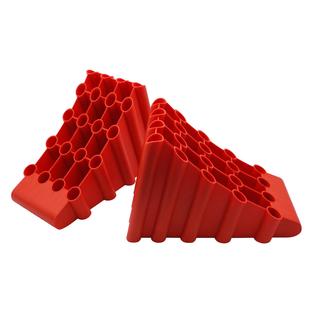 SecurityMan wheel chocks two-pack sit ready for RV parking on an incline.