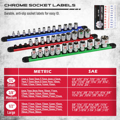 SEDY holds 1/4, 3/8, and 1/2 sockets on rails.