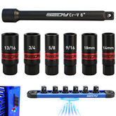 SEDY spark plug socket on magnetic rail keeps tools organized for quick access.