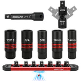 SEDY spark plug socket set displayed on a magnetic rail for organized tool storage.