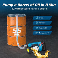 Seesii diesel transfer pump demonstrating 12 GPM flow rate.