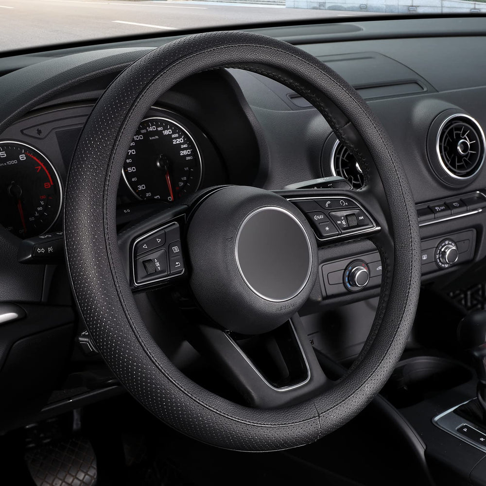 SEG Direct black steering wheel cover 14-14.25 inch fits Prius, Civic, Model 3/Y, enhances grip.
