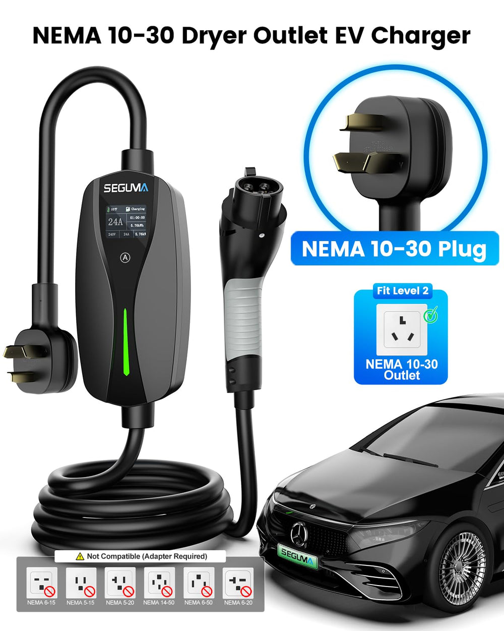 SEGUMA 25ft extension cable provides flexible charging reach.