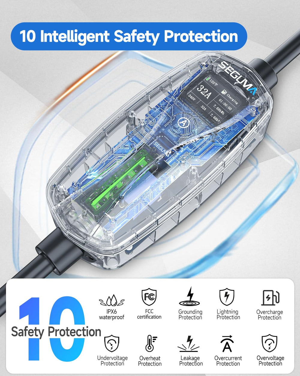SEGUMA Level 2 EV Charger IP66 outdoor rating for weather-ready charging.