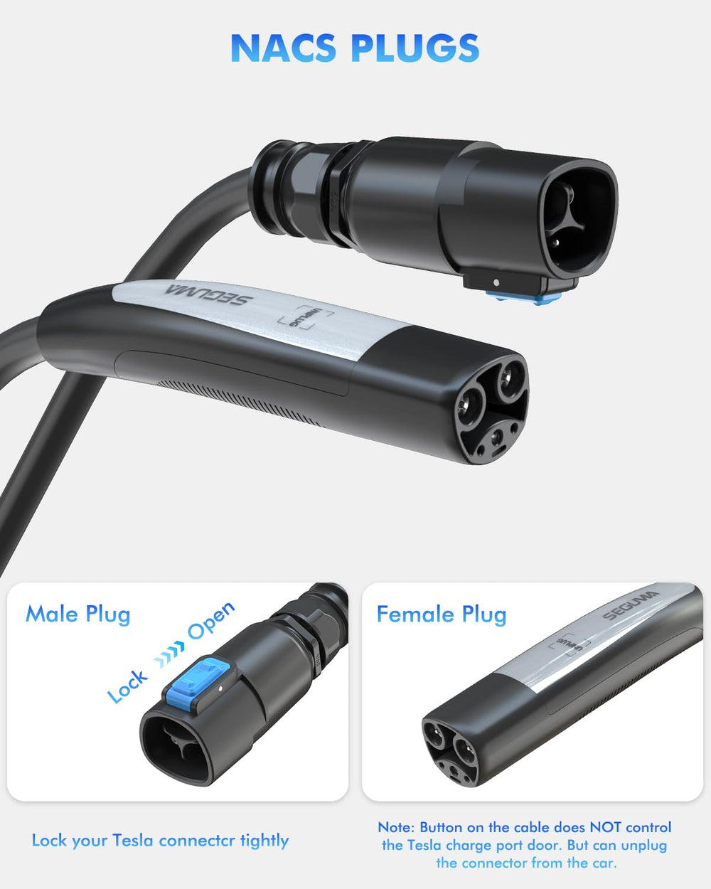 SEGUMA NACS extension cable close-up on UL94 V-0 material.