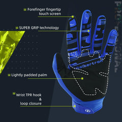 Seibertron blue MX ATV gloves secure fit with adjustable wrist closure.