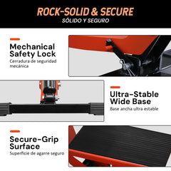 SEKAM dirt bike stand with safety lock prevents accidental lowering during service.